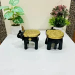Set of 2 Handcrafted Wooden Elephant Stool Brass Fitted Painted Showpiece & Candle Holder | Colorful Side Table for Home & Office Decor - Image 2