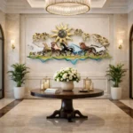 Miracle Craft - Handcrafted Metal Seven Running Horses Wall Art Multicolor Floral Frame Large Decor 51x29 Inch Living Room Office