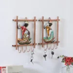 Set of 2 Rajasthani Handpainted Musician Key Holders Decorative Metal Wall Hangers with 4 Hooks, Multicolor Art for Home, Entryway & Office Decor