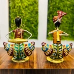 Metal Handmade Multicolor Tabletop Rajasthani Tribal Musician Couple Tealight Candle Holder Decorative Wrought Iron Showpiece for Home Decor