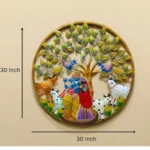 Round Metal Wall Art of Radha Krishna with Cow Spiritual Wall Hanging Sculpture for Home Living Pooja Room Decor (Size: 30X30 Inch) - Image 3