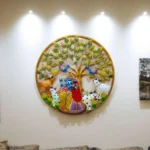 Round Metal Wall Art of Radha Krishna with Cow Spiritual Wall Hanging Sculpture for Home Living Pooja Room Decor (Size: 30X30 Inch)